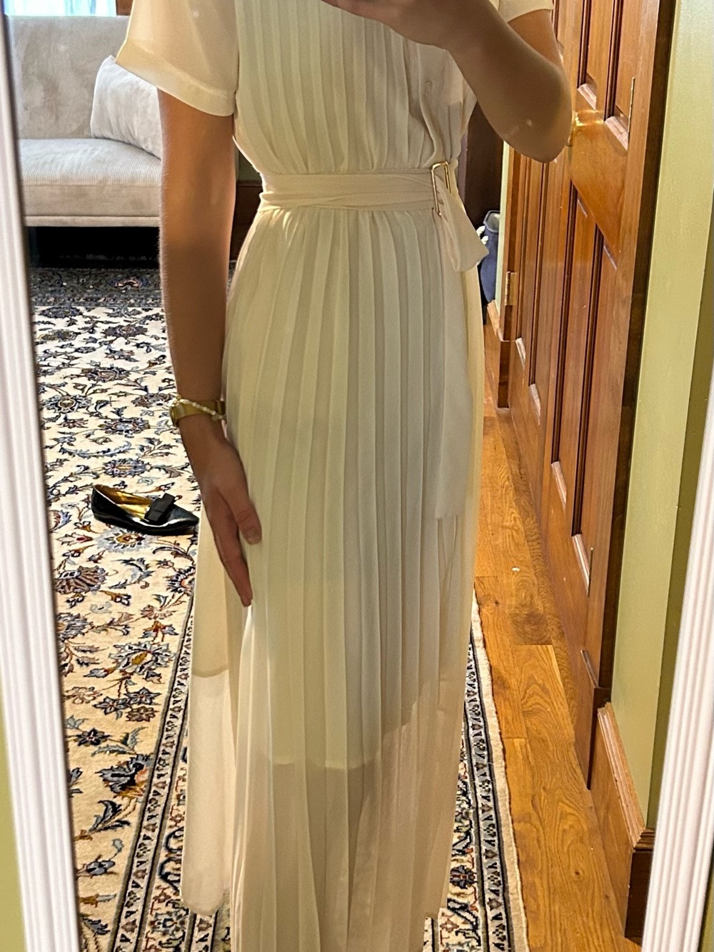 SHEIN Cream Pleated Short-Sleeve Maxi Dress with Waist Sash